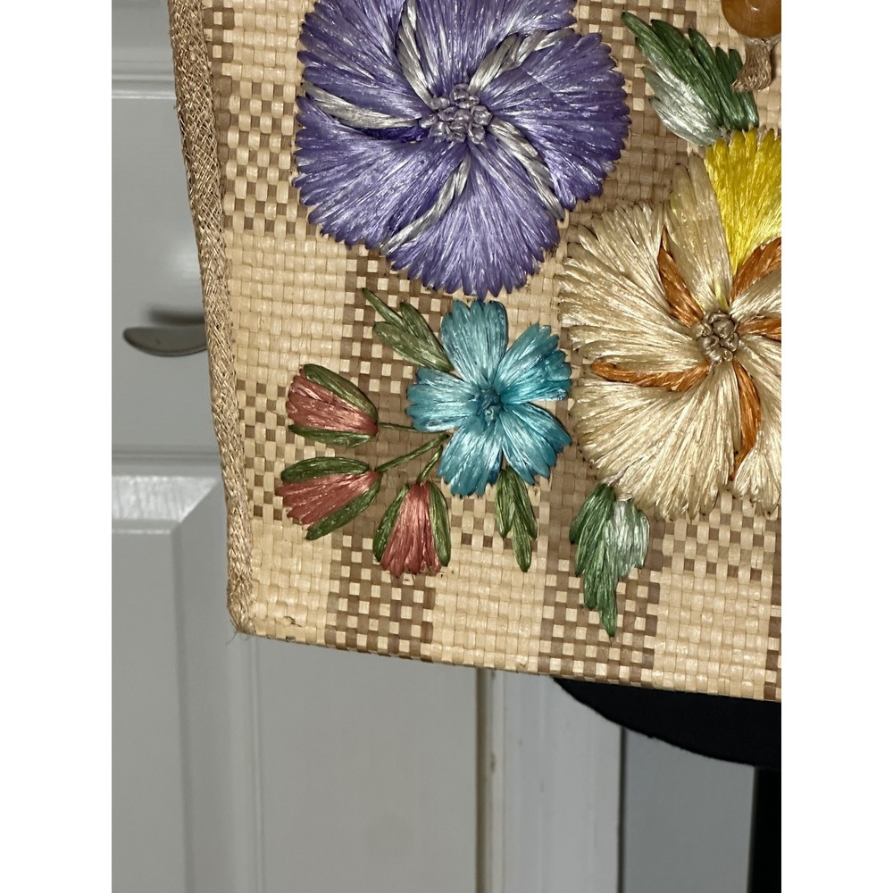 Vintage 1960s Bags By Whidby Inc. Raffia Straw Tote Bag 3D Floral Embroidery - Picture 4 of 11